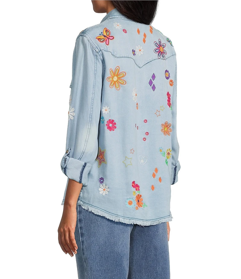 John Mark Petite Size Woven All Over Floral Embroidered Point Collar Long Roll-Tab Sleeve Button Front Blouse