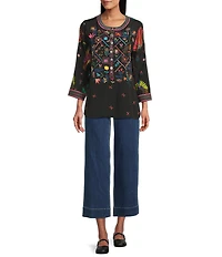 John Mark Petite Size Woven Embroidered Banded Collar 3/4 Cuffed Sleeve Hi-Low Hem Tunic