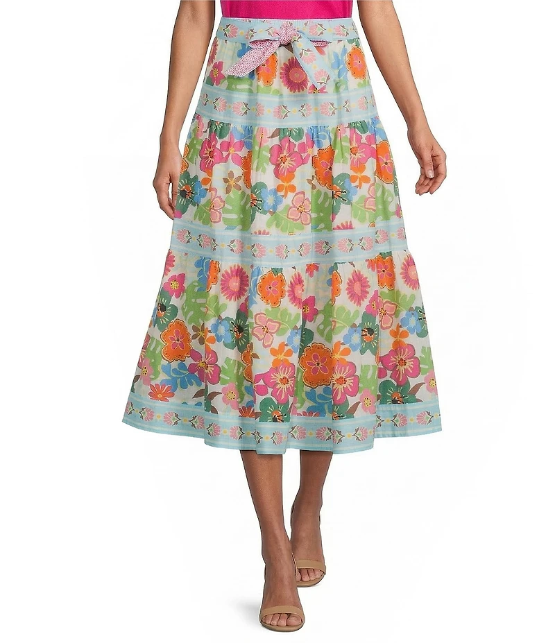 John Mark Petite Size Woven Floral Tiered Tie Front A-Line Midi Skirt