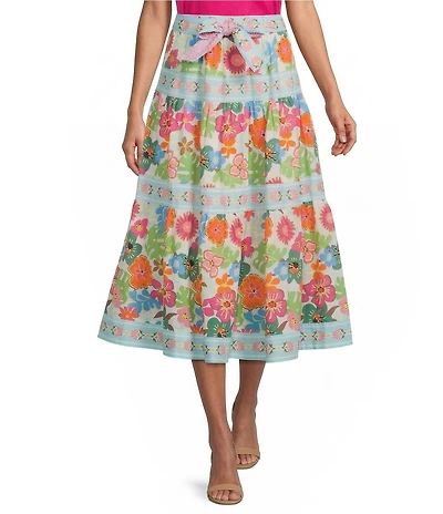 John Mark Petite Size Woven Floral Tiered Tie Front A-Line Midi Skirt
