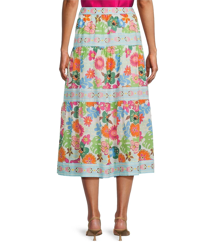 John Mark Petite Size Woven Floral Tiered Tie Front A-Line Midi Skirt