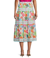 John Mark Petite Size Woven Floral Tiered Tie Front A-Line Midi Skirt