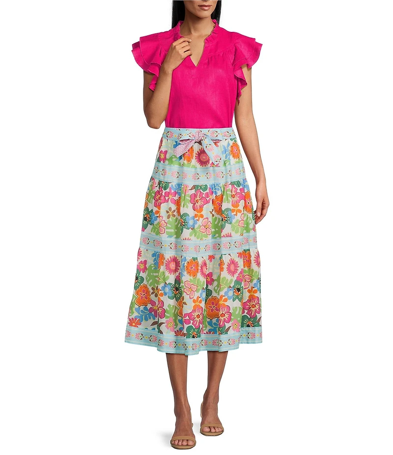 John Mark Petite Size Woven Floral Tiered Tie Front A-Line Midi Skirt