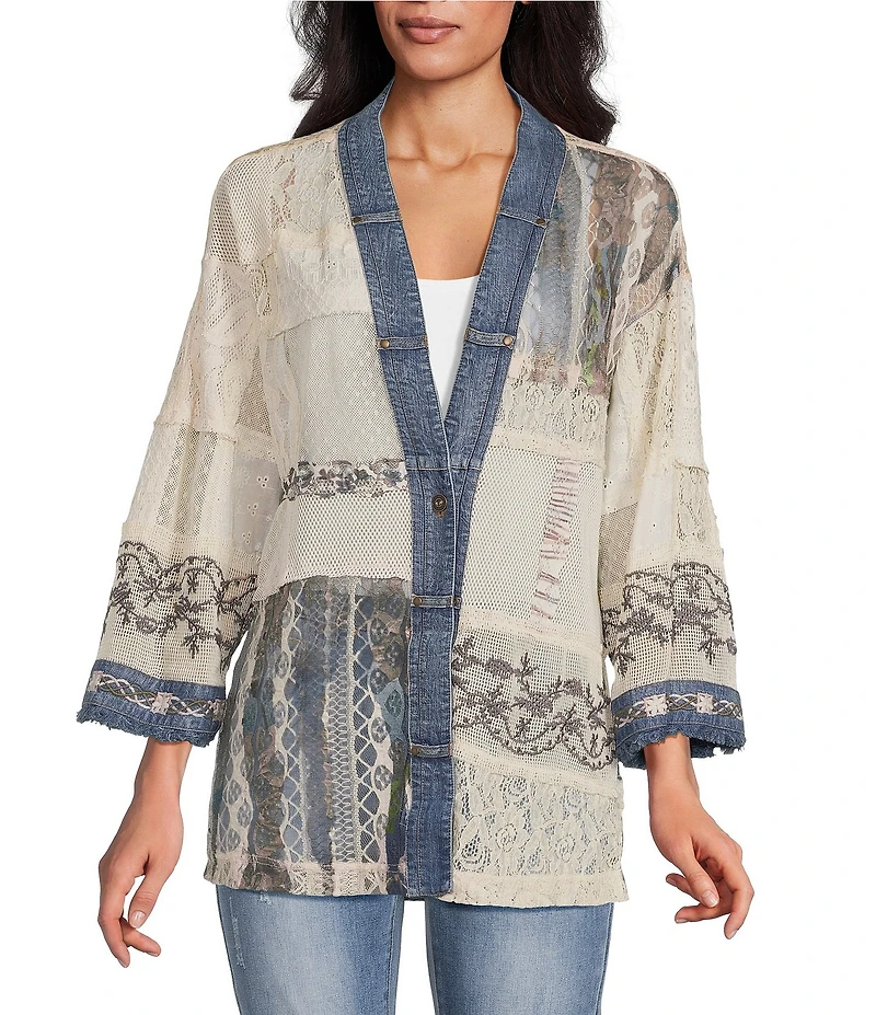 John Mark Petite Size Woven Lace Patchwork 3/4 Sleeve One Button-Front Jacket