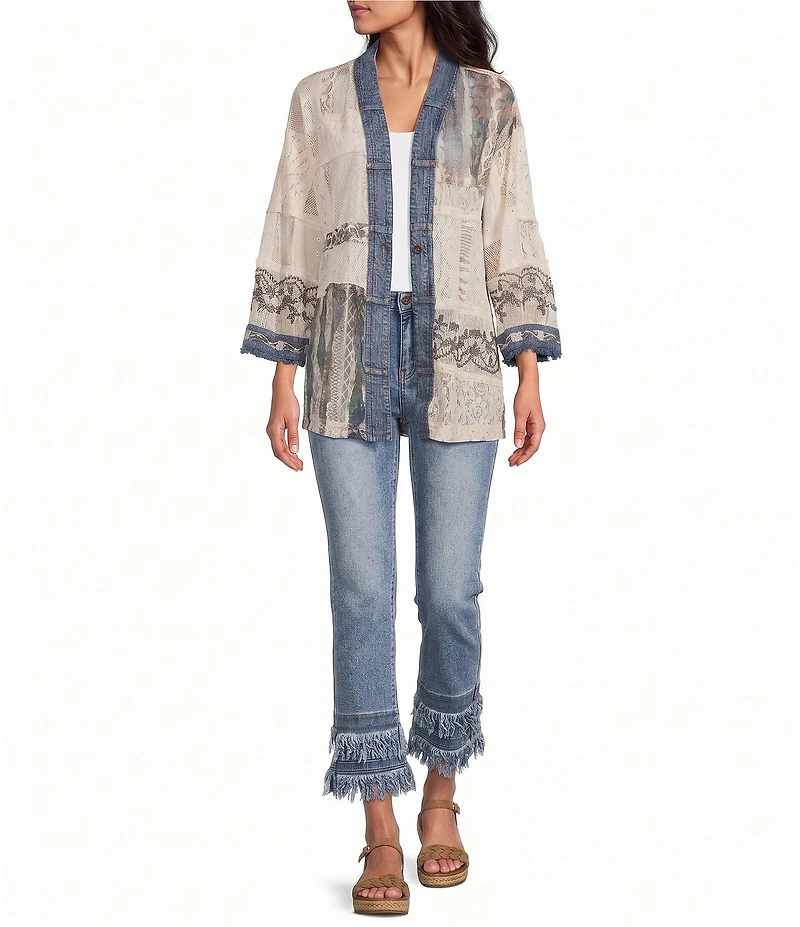 John Mark Petite Size Woven Lace Patchwork 3/4 Sleeve One Button-Front Jacket