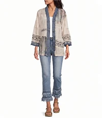 John Mark Petite Size Woven Lace Patchwork 3/4 Sleeve One Button-Front Jacket