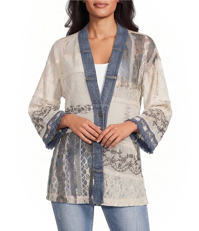 John Mark Petite Size Woven Lace Patchwork 3/4 Sleeve One Button-Front Jacket