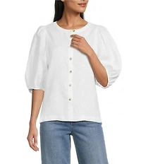 John Mark Petite Size Woven Linen Round Neck Elbow Sleeve Button Front Blouse