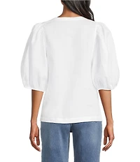 John Mark Petite Size Woven Linen Round Neck Elbow Sleeve Button Front Blouse