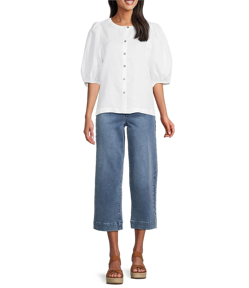 John Mark Petite Size Woven Linen Round Neck Elbow Sleeve Button Front Blouse