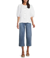 John Mark Petite Size Woven Linen Round Neck Elbow Sleeve Button Front Blouse