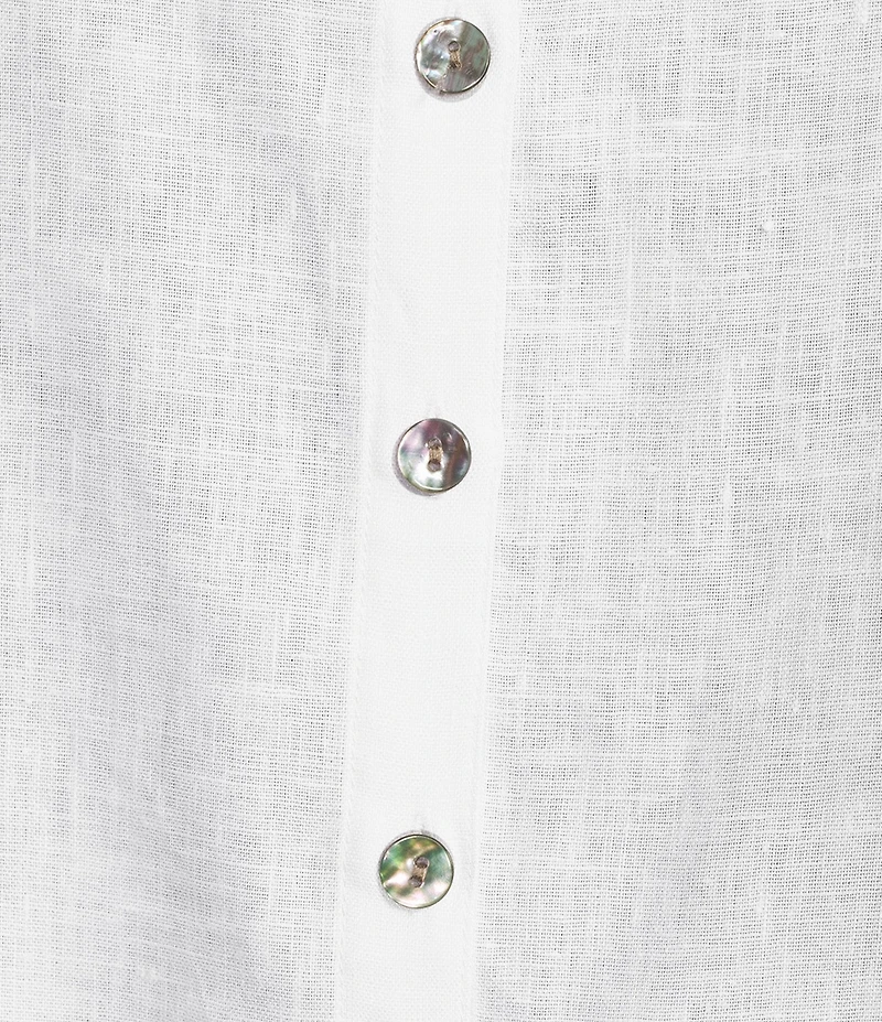 John Mark Petite Size Woven Linen Round Neck Elbow Sleeve Button Front Blouse