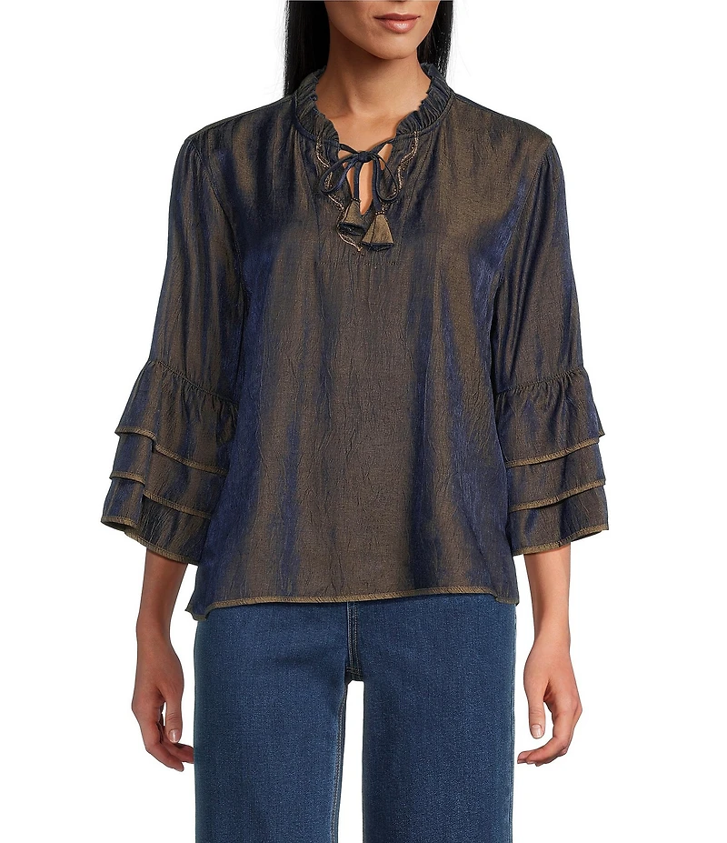John Mark Petite Size Woven Metallic Embroidered Ruffled Split V-Neck 3/4 Sleeve Hi-Low Hem Peasant Top