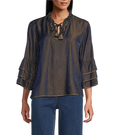 John Mark Petite Size Woven Metallic Embroidered Ruffled Split V-Neck 3/4 Sleeve Hi-Low Hem Peasant Top