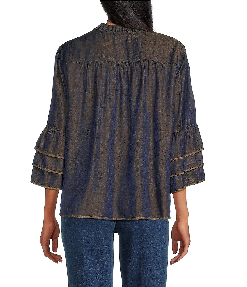 John Mark Petite Size Woven Metallic Embroidered Ruffled Split V-Neck 3/4 Sleeve Hi-Low Hem Peasant Top