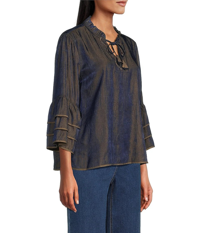 John Mark Petite Size Woven Metallic Embroidered Ruffled Split V-Neck 3/4 Sleeve Hi-Low Hem Peasant Top