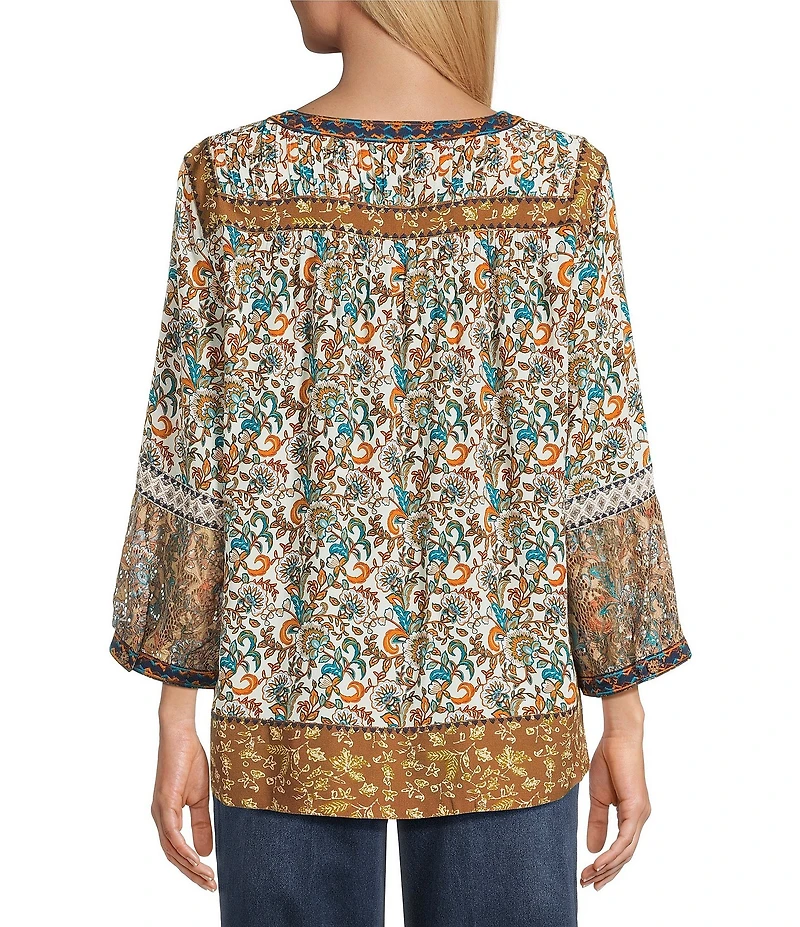John Mark Petite Size Woven Mixed Print Y-Neck 3/4 Sleeve Lace Pintuck Tunic