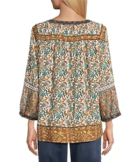 John Mark Petite Size Woven Mixed Print Y-Neck 3/4 Sleeve Lace Pintuck Tunic