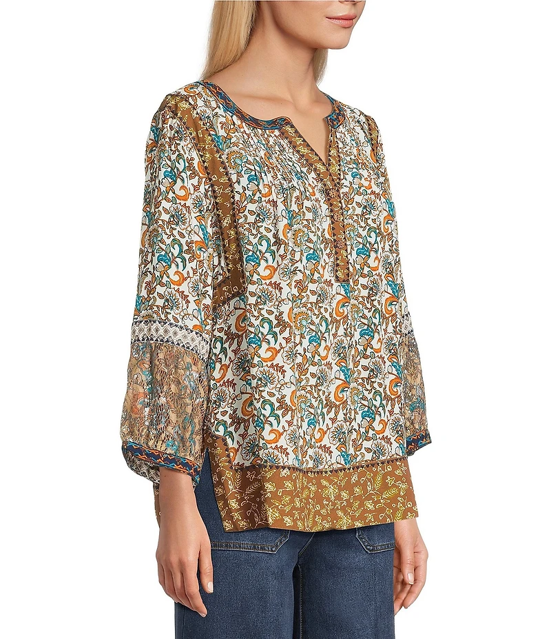 John Mark Petite Size Woven Mixed Print Y-Neck 3/4 Sleeve Lace Pintuck Tunic