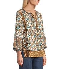 John Mark Petite Size Woven Mixed Print Y-Neck 3/4 Sleeve Lace Pintuck Tunic