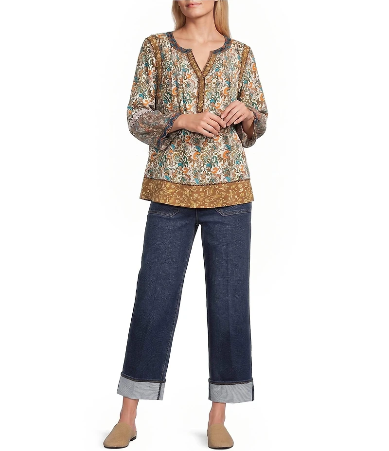 John Mark Petite Size Woven Mixed Print Y-Neck 3/4 Sleeve Lace Pintuck Tunic