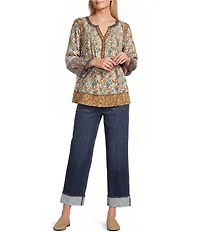 John Mark Petite Size Woven Mixed Print Y-Neck 3/4 Sleeve Lace Pintuck Tunic