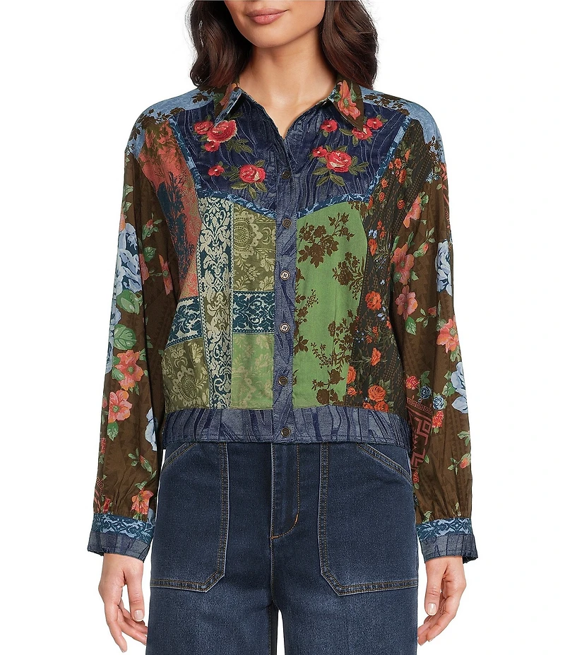 John Mark Petite Size Woven Multi Floral Print Point Collar Long Sleeve Button Front Jacket