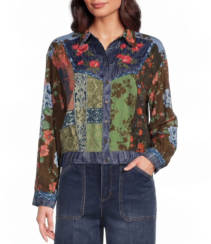 John Mark Petite Size Woven Multi Floral Print Point Collar Long Sleeve Button Front Jacket
