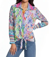 John Mark Petite Size Woven Multi Mixed Print Point Collar Long Ruffle Cuffed Sleeve Button Front Tie Blouse