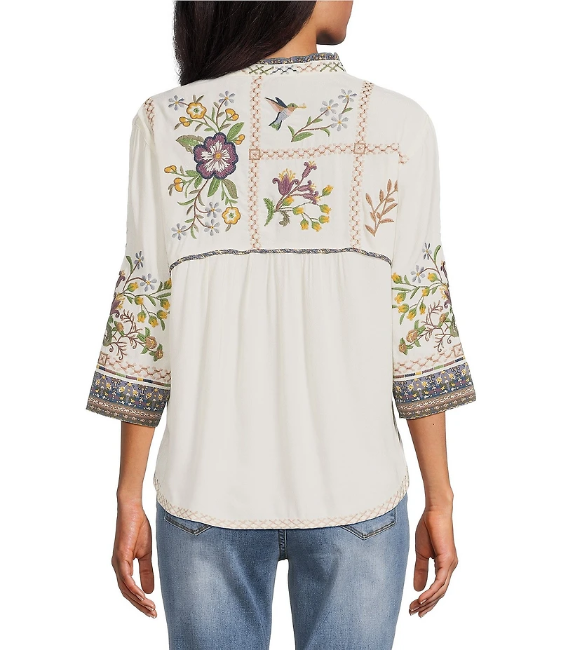 John Mark Petite Size Woven Multi Print Floral Embroider Ruffle Band Collar 3/4 Sleeve Button Front Shirt
