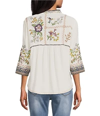 John Mark Petite Size Woven Multi Print Floral Embroider Ruffle Band Collar 3/4 Sleeve Button Front Shirt