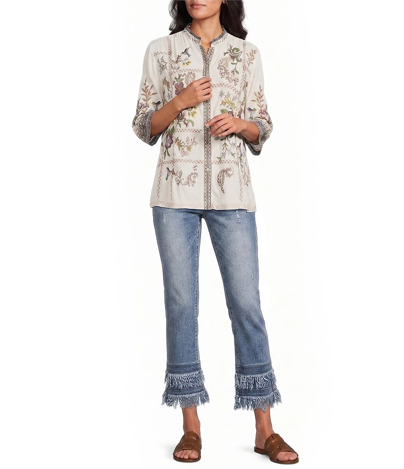 John Mark Petite Size Woven Multi Print Floral Embroider Ruffle Band Collar 3/4 Sleeve Button Front Shirt