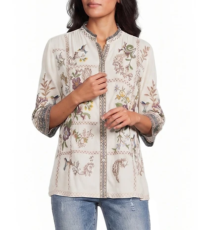 John Mark Petite Size Woven Multi Print Floral Embroider Ruffle Band Collar 3/4 Sleeve Button Front Shirt