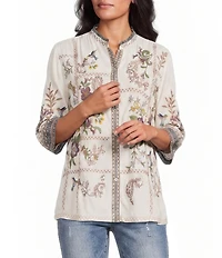 John Mark Petite Size Woven Multi Print Floral Embroider Ruffle Band Collar 3/4 Sleeve Button Front Shirt