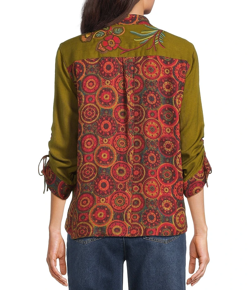 John Mark Petite Size Woven Placed Print Floral Embroidered Wire Collar 3/4 Cinched Sleeve Button Front Shirt