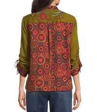 John Mark Petite Size Woven Placed Print Floral Embroidered Wire Collar 3/4 Cinched Sleeve Button Front Shirt