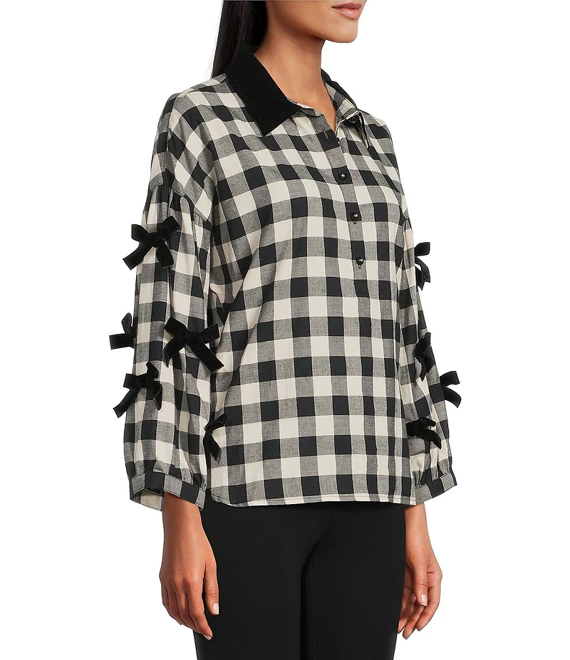 John Mark Petite Size Woven Plaid Velvet Bow Point Collar Long Sleeve Button Front Shirt