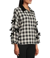 John Mark Petite Size Woven Plaid Velvet Bow Point Collar Long Sleeve Button Front Shirt