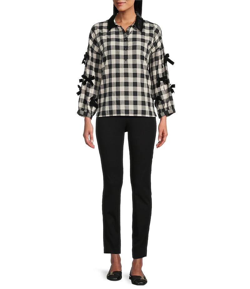 John Mark Petite Size Woven Plaid Velvet Bow Point Collar Long Sleeve Button Front Shirt