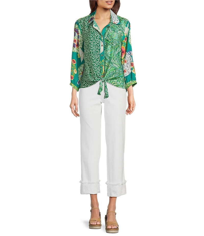 John Mark Petite Size Woven Printed Point Collar 3/4 Sleeve Tie-Front Shirt