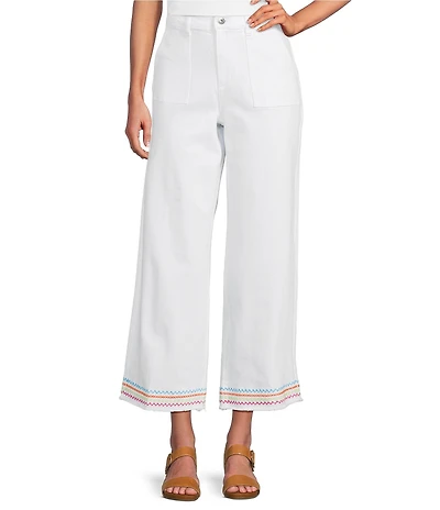 John Mark Petite Size Woven Wide Leg Embroidered Hem Ankle Pants
