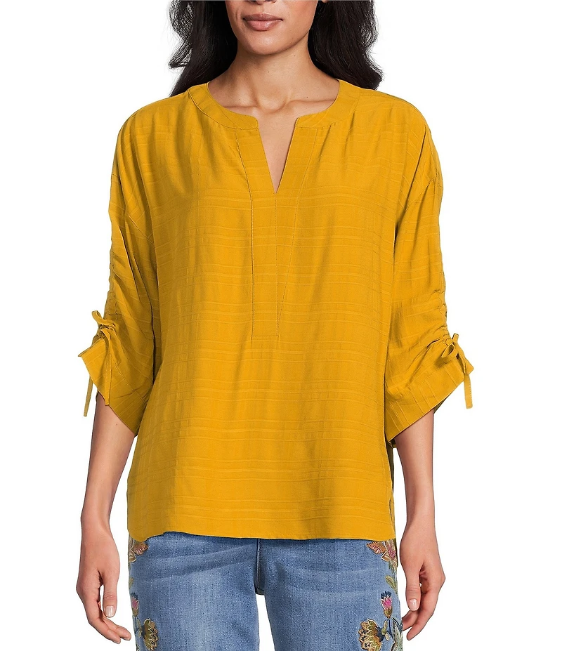 John Mark Petite Size Woven Y-Neck 3/4 Cinched Sleeve Hi-Low Hem Tunic