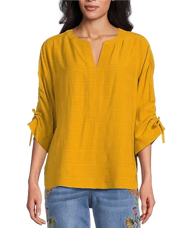 John Mark Petite Size Woven Y-Neck 3/4 Cinched Sleeve Hi-Low Hem Tunic