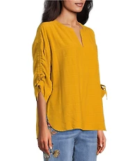 John Mark Petite Size Woven Y-Neck 3/4 Cinched Sleeve Hi-Low Hem Tunic
