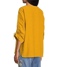 John Mark Petite Size Woven Y-Neck 3/4 Cinched Sleeve Hi-Low Hem Tunic