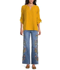 John Mark Petite Size Woven Y-Neck 3/4 Cinched Sleeve Hi-Low Hem Tunic