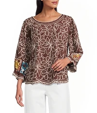John Mark Petite Woven Floral Embroidery Scoop Neck 3/4 Mixed Print Puff Sleeve Scalloped Hem Top