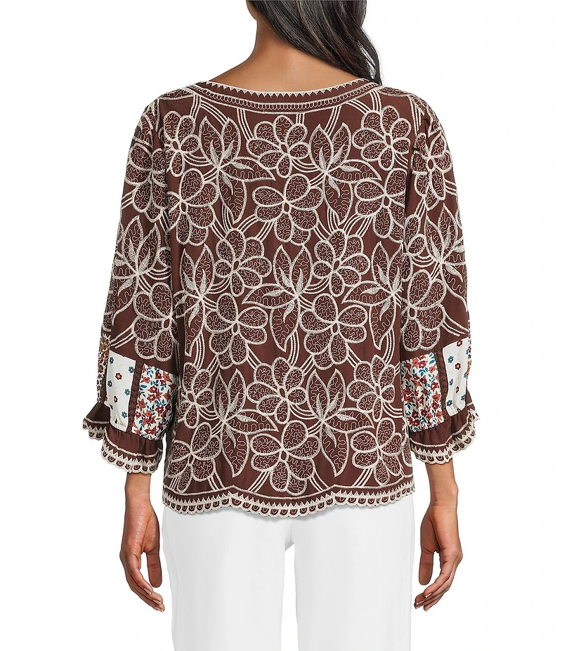 John Mark Petite Woven Floral Embroidery Scoop Neck 3/4 Mixed Print Puff Sleeve Scalloped Hem Top