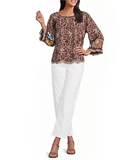 John Mark Petite Woven Floral Embroidery Scoop Neck 3/4 Mixed Print Puff Sleeve Scalloped Hem Top