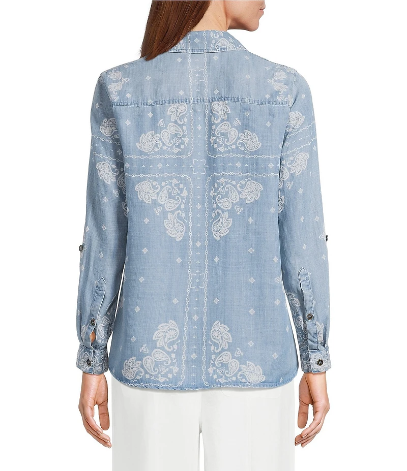 John Mark Petite Size Woven Paisley Embroidered Point Collar Long -Roll Tab Sleeve Button Front Tie Shirt